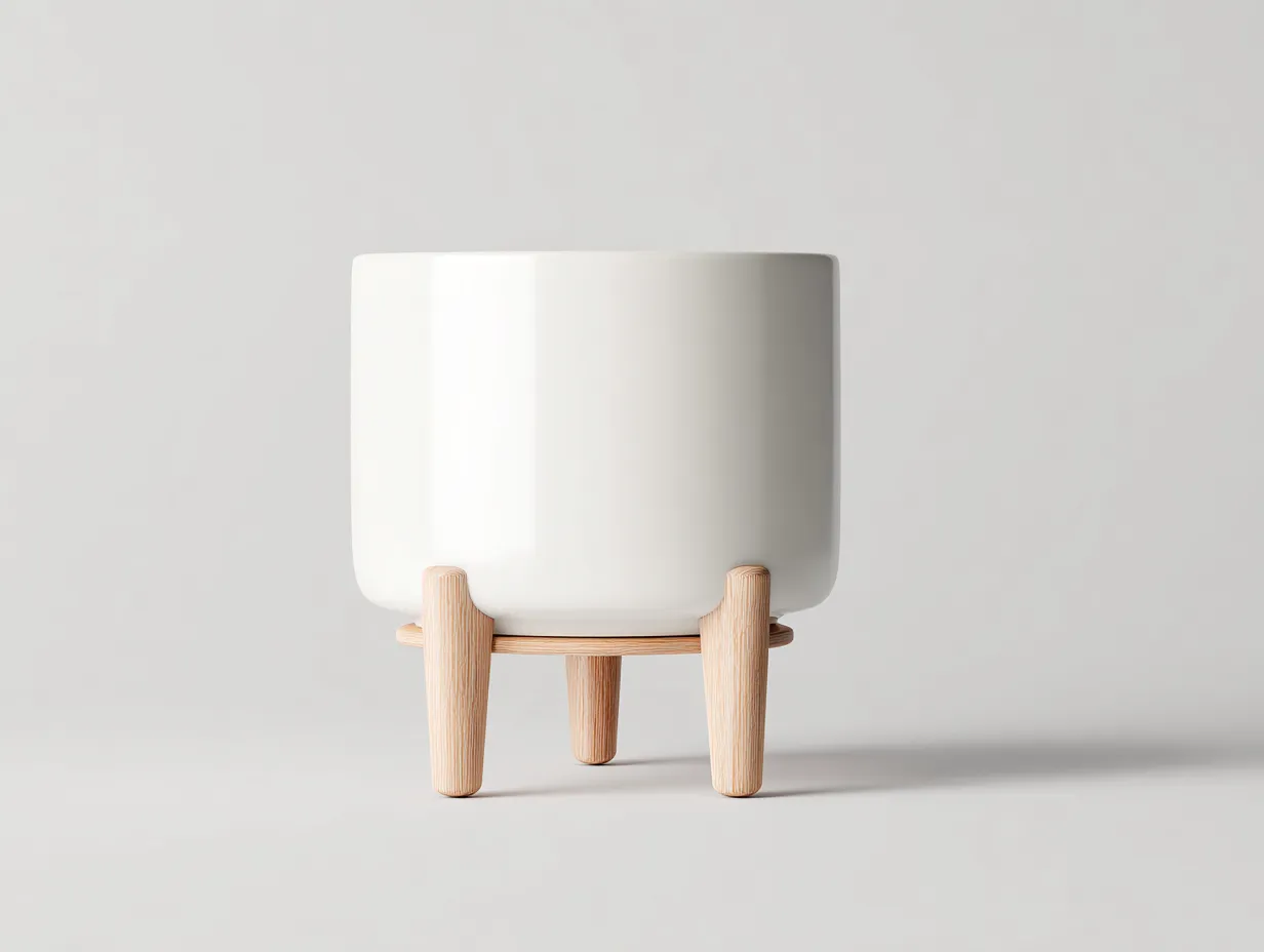 Vaso da fiori in ceramica con base in legno 26 x 26 x 34 cm bianco opaco e legno naturale - per interni - stile nordico elegante