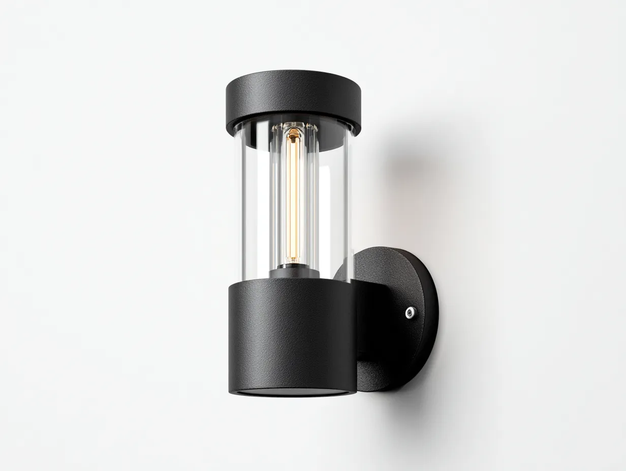 Applique da parete per esterni in metallo e vetro 31 x 11 x 13 cm - nero satinato e trasparente - lanterna cilindrica con design tecnico verticale