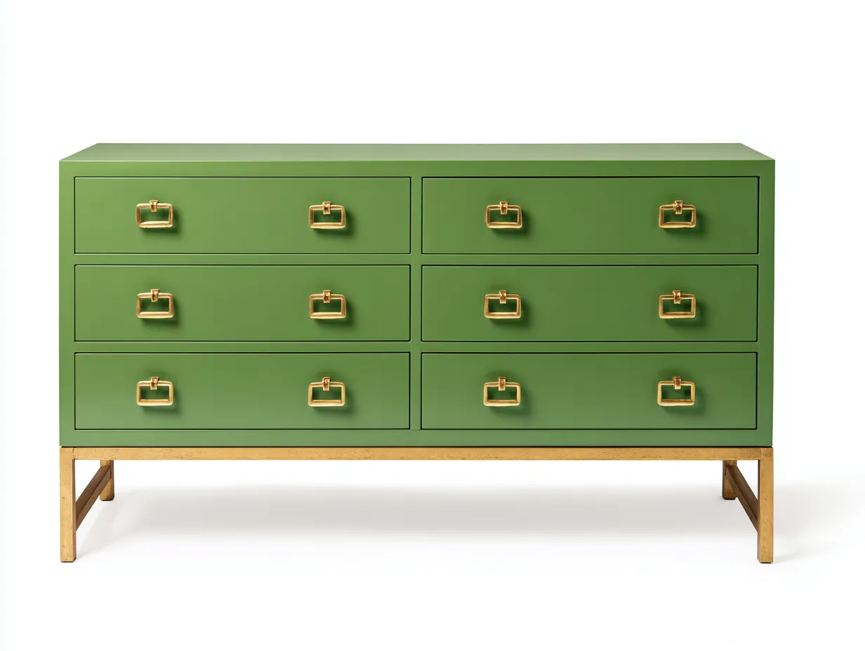Cassettiera 6 cassetti in legno verniciato 150 x 44 x 81 cm - verde muschio e oro - mobile organizer raffinato per camera