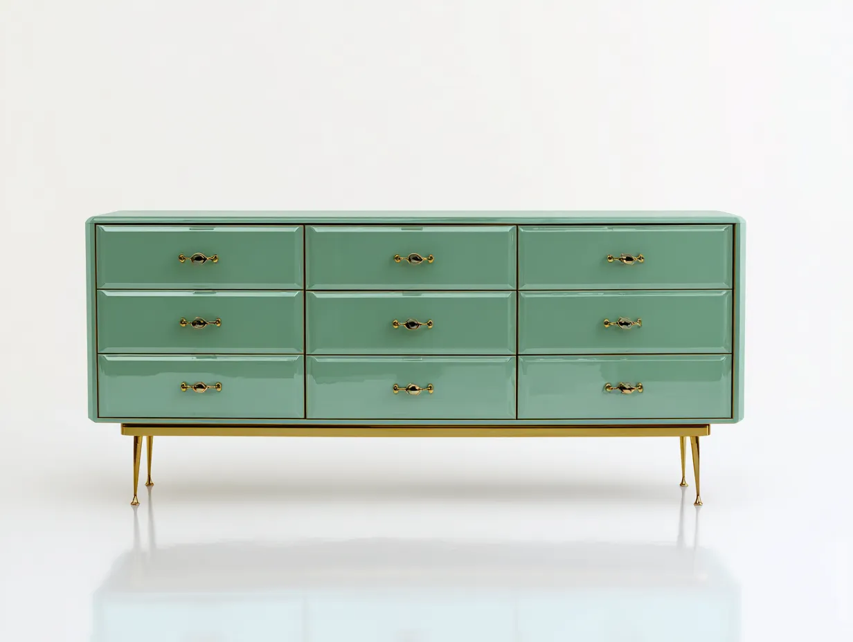 Cassettiera 9 cassetti in metallo 160 x 45 x 82 cm - verde salvia e oro - stile moderno per soggiorno e camera