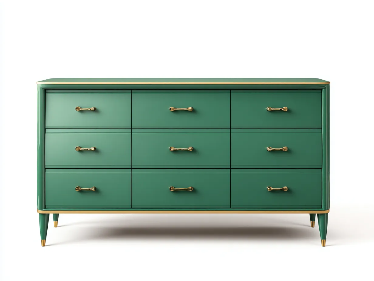 Cassettiera 9 cassetti in legno laccato 158 x 45 x 84 cm - verde smeraldo e oro - mobile elegante salvaspazio per camera