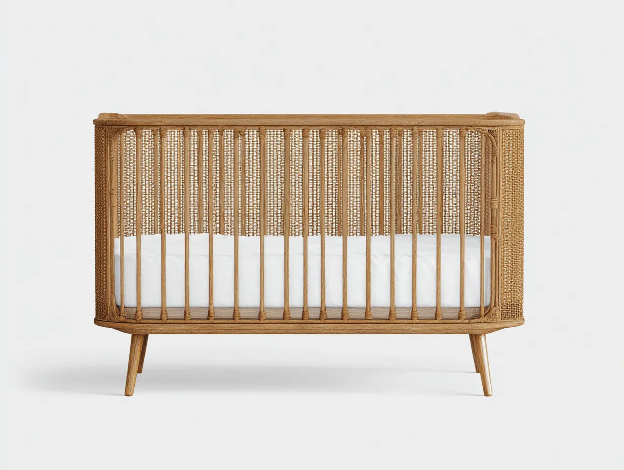 Cuna para bebé de ratán y madera natural 123x64x92 cm - panel trenzado artesanal - diseño bohemio elegante-Sicornanest