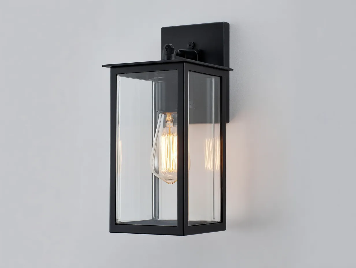 Aplique de pared exterior tipo farol de metal y vidrio 18x22x36 cm - negro y transparente - para fachada y terraza - estilo clásico contemporáneo