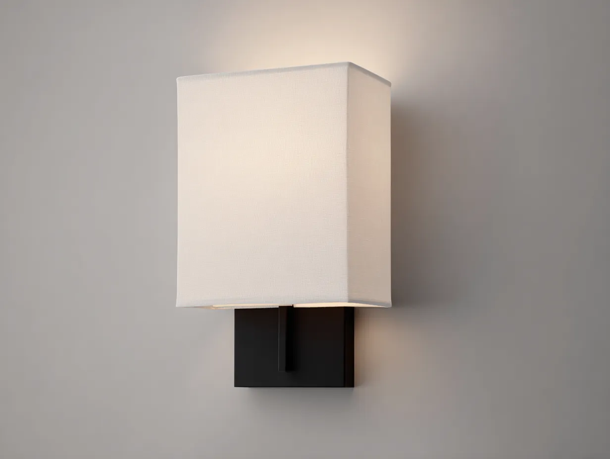 Aplique de pared con pantalla rectangular de tela y base metálica 16x18x32 cm - blanco roto y negro - para exterior cubierto y porche - estilo contemporáneo sobrio