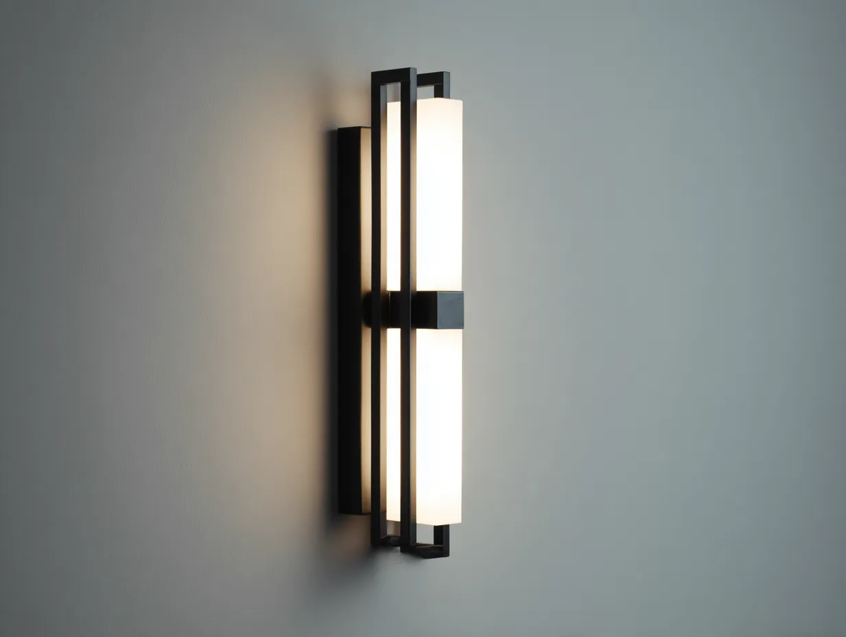 Aplique de pared LED vertical con difusor opal de metal 12x9x48 cm - negro mate y blanco opal - para pasillo y baño interior - estilo lineal contemporáneo