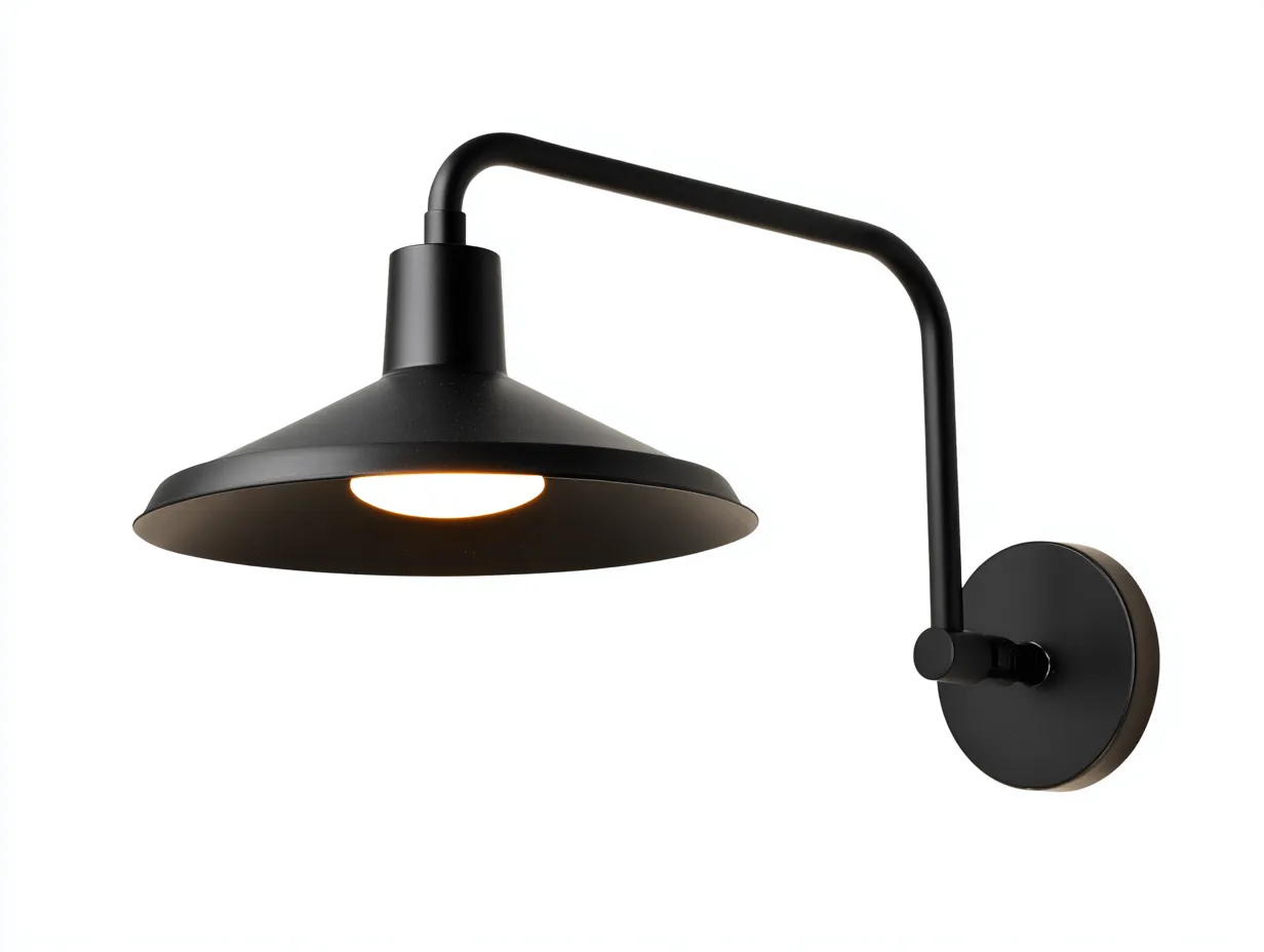 Aplique de pared exterior con brazo curvo y pantalla metálica 30x38x22 cm - negro mate - para terraza y entrada - estilo industrial contemporáneo