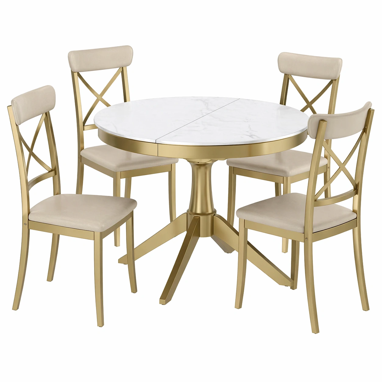 Mesa de comedor redonda extensible con 4 sillas estilo elegante 110/155 cm acabado marmol blanco y estructura dorada-domviax