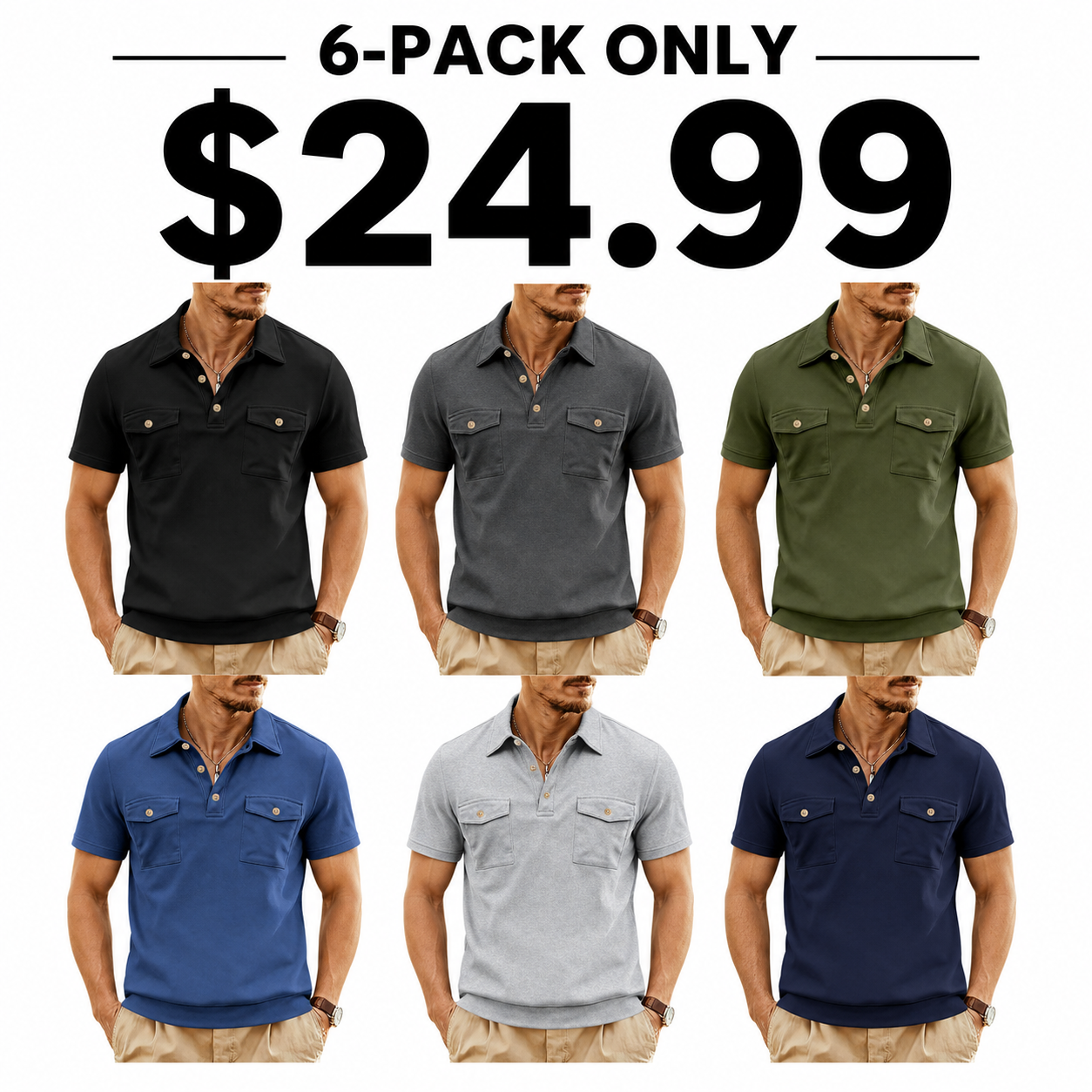 Men's short sleeve utility polo shirts 6-pack mixed color set