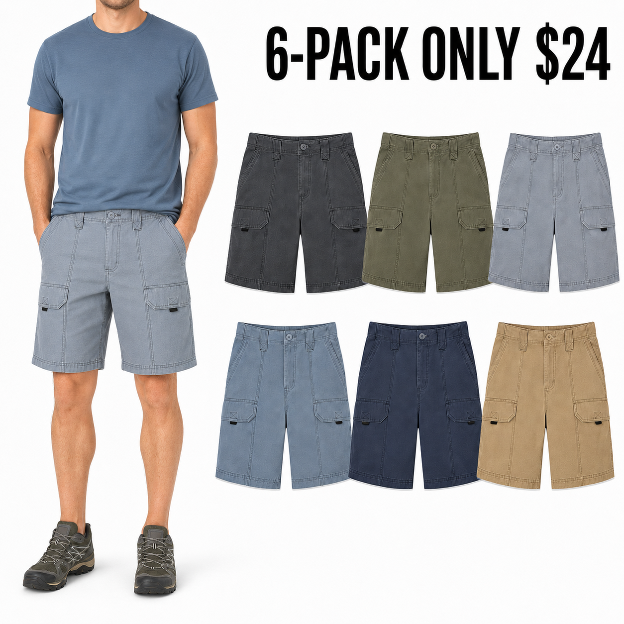 Men's canvas utility hiker shorts 6-pack mixed color set