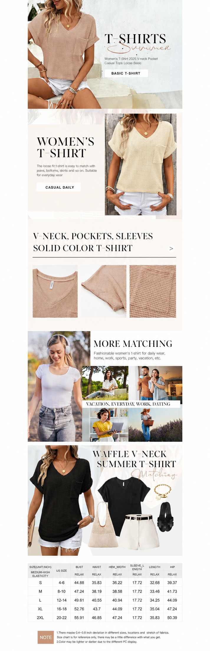 Women's Waffle Knit V-Neck Casual Summer Tops - Lightweight & Breathable Basic Tee for Beach, Party, Work