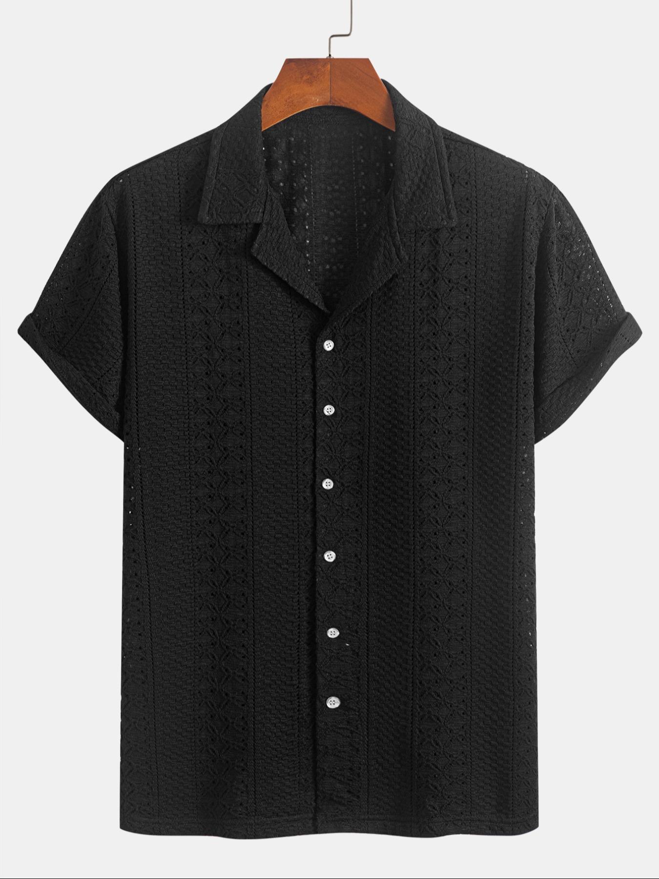 Men's Geometric Jacquard Short Sleeve Casual Party Shirt, Loose Breathable Relaxed Fit Casual Comfy Breathable Top for Summer, Men's Clothes for Daily Wear, Tropical, Casual Stylish Menswear, Knit Shirts
