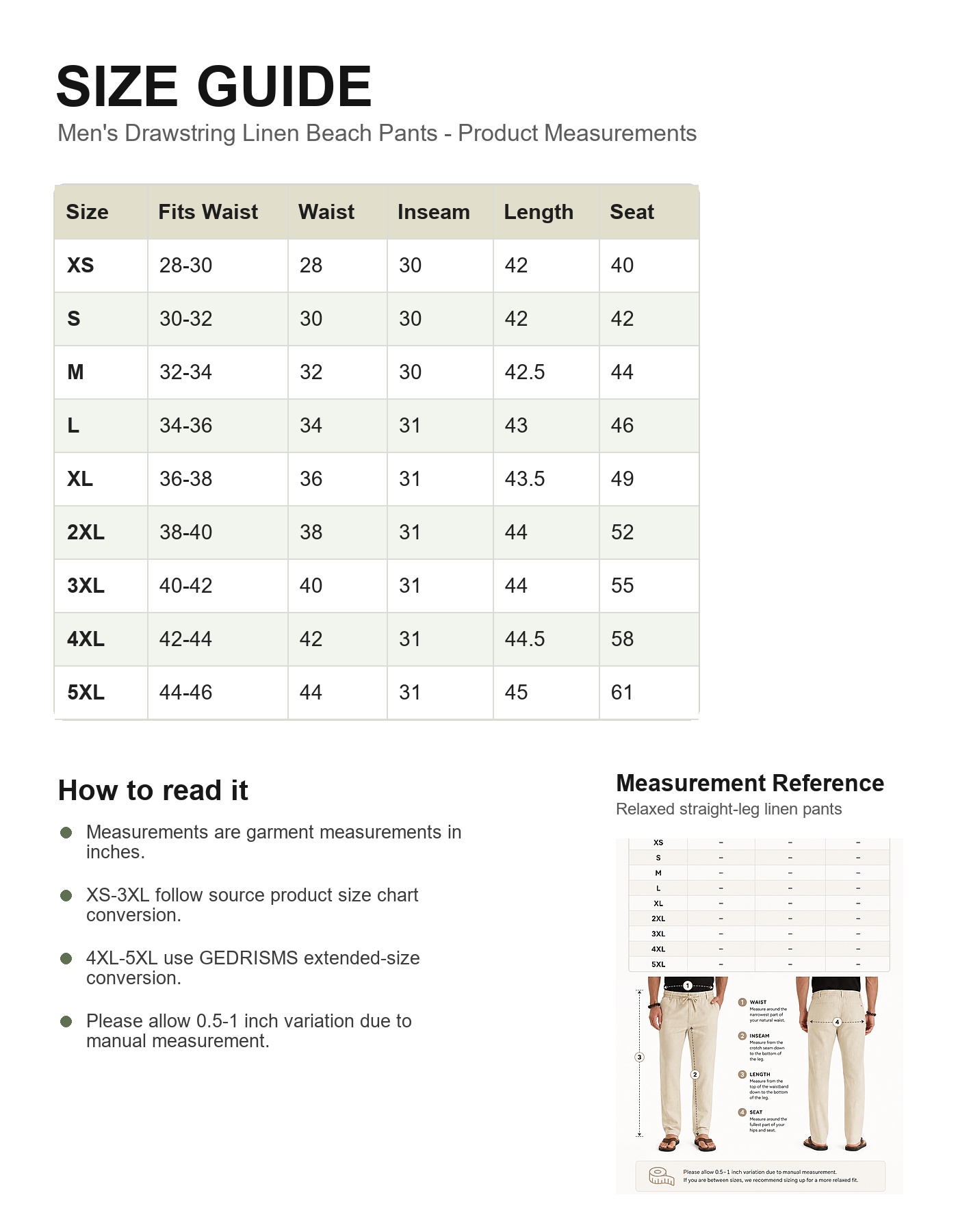 XS to 5XL size guide for men's linen beach pants
