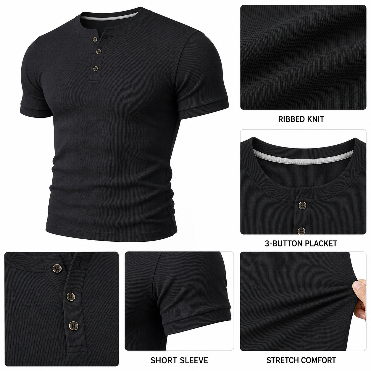 Ribbed knit fabric and half button Henley details