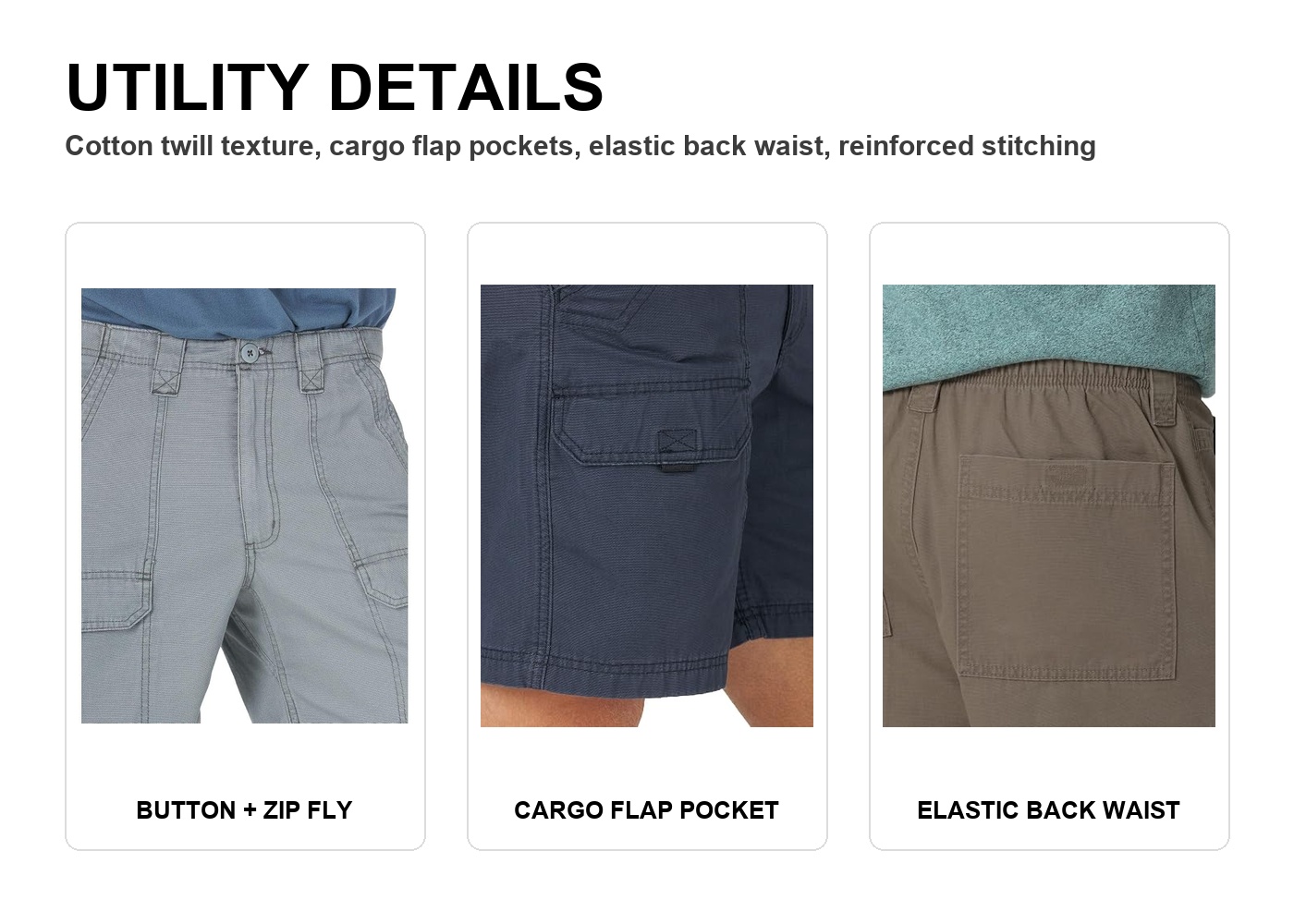 Button zipper fly cargo pocket and elastic back waist details