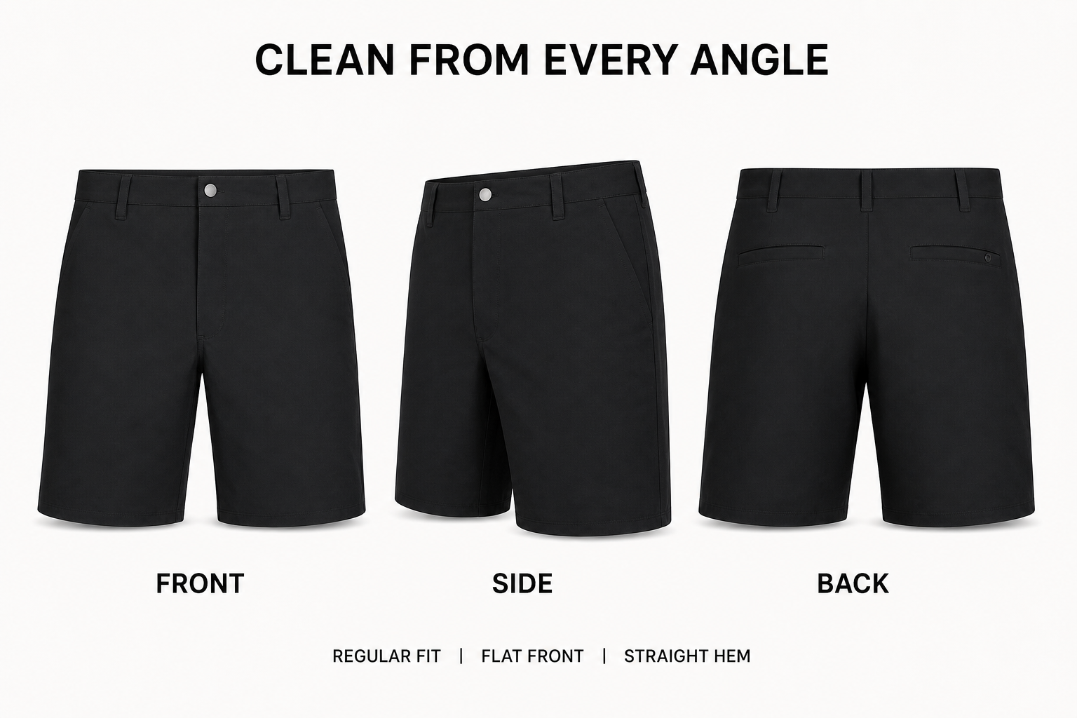 Black men's golf shorts front, side and back product views