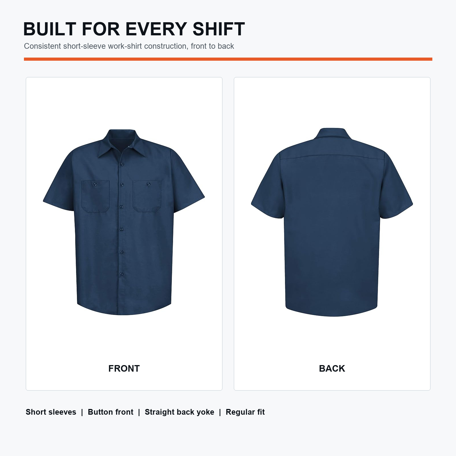 Men's work shirt front and back construction