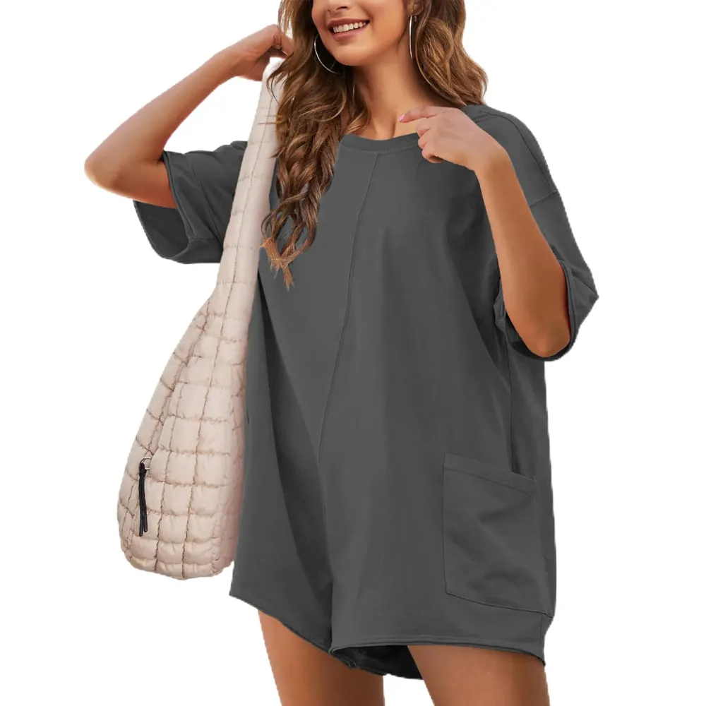 Women Casual Oversized Athletic Short Sleeve Romper Deep Pocket Loungewear