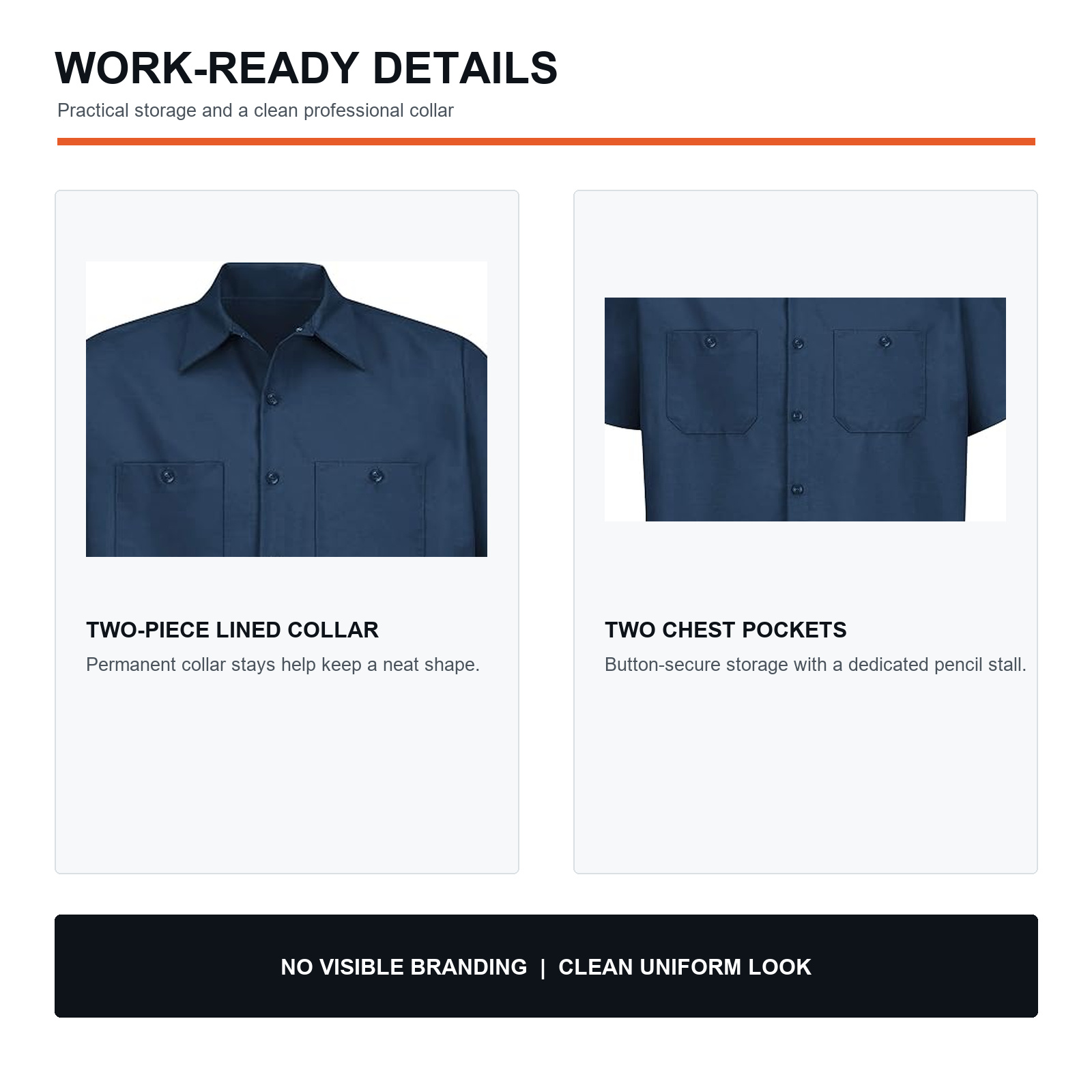 Men's work shirt collar and chest pocket details