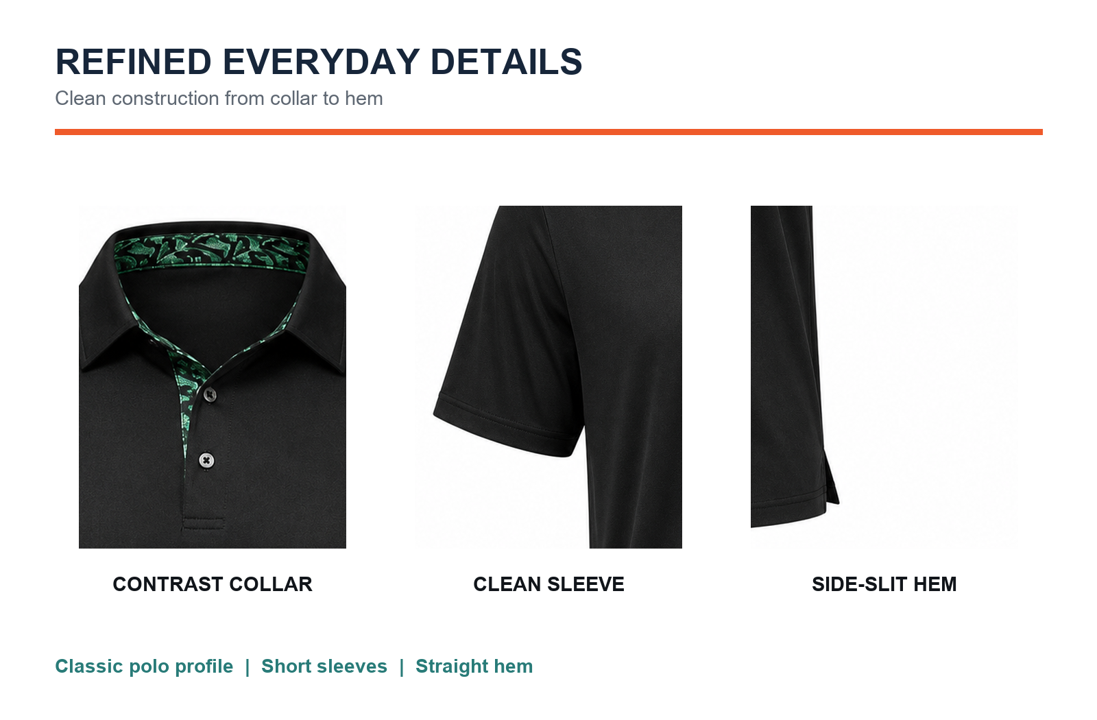 Men's performance polo collar sleeve and side-slit construction