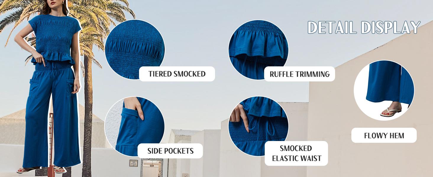 Yeokou Women’s 2-Piece Smocked Top & Wide-Leg Pants Set–High-Waisted Lounge Teacher's Outfit with Pockets Casual Boho Matching Set