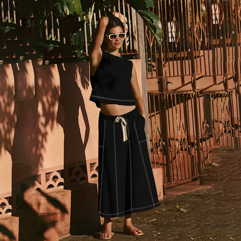 Women's Sleeveless Crop Top Midi Skirt Two Piece Set