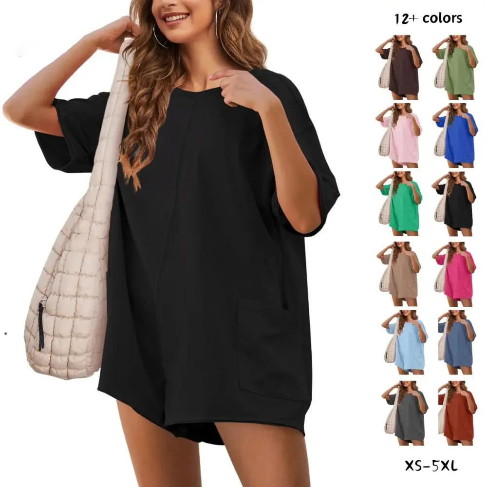 Women Casual Oversized Athletic Short Sleeve Romper Deep Pocket Loungewear