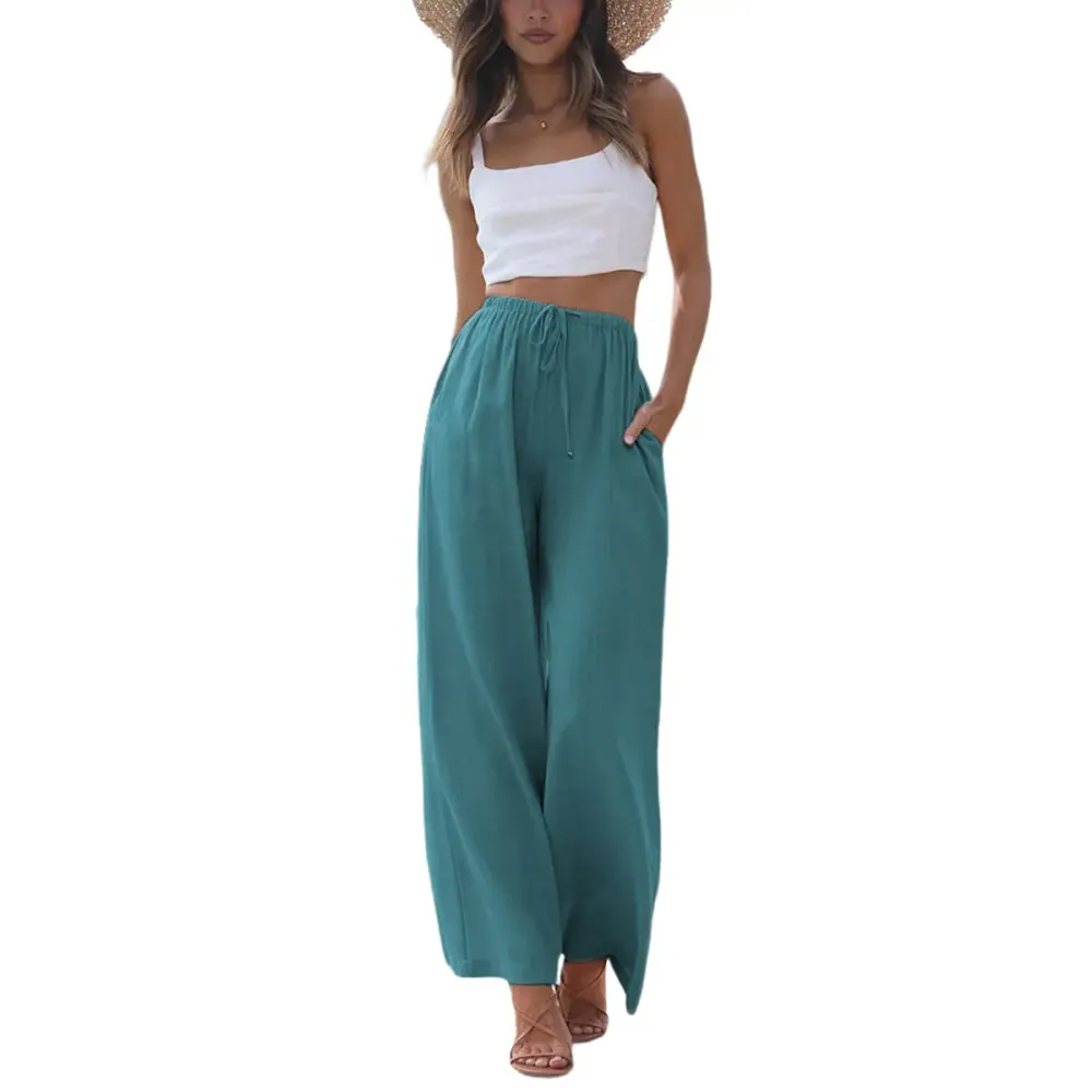 Summer Vibes - Women's Cotton Linen Summer Palazzo Pants Flowy Wide Leg Beach Trousers with Pockets