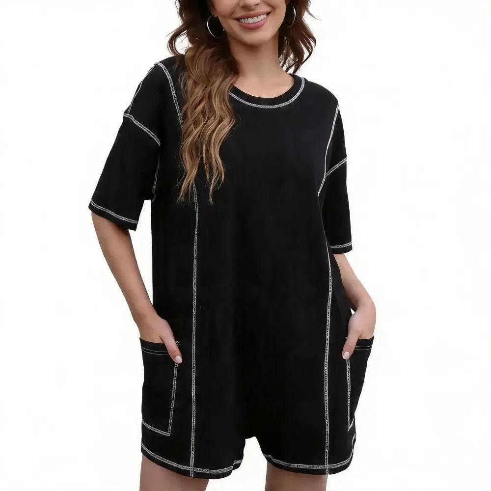 Women Casual Oversized Athletic Short Sleeve Romper Deep Pocket Loungewear