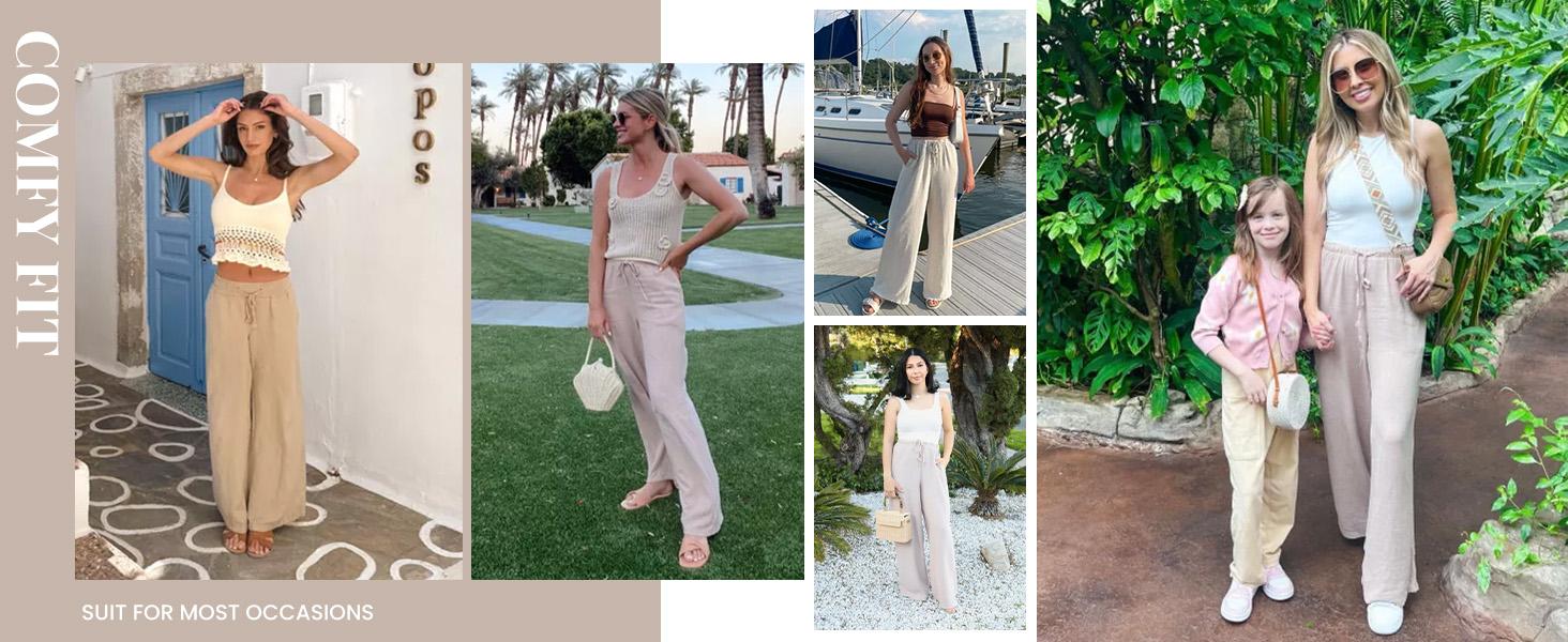 UANEO Women's Cotton Linen Summer Palazzo Pants Flowy Wide Leg Beach Trousers with Pockets Casual Womenswear SummerVibes