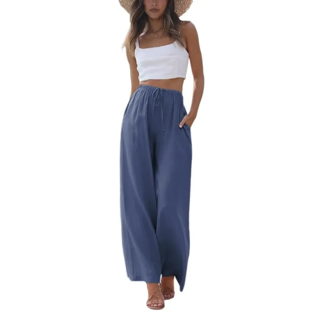 Summer Vibes - Women's Cotton Linen Summer Palazzo Pants Flowy Wide Leg Beach Trousers with Pockets