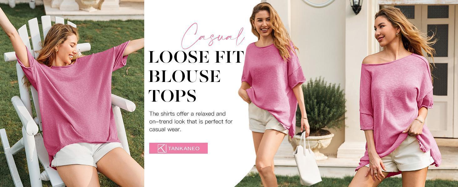 Imily Bela Women's Oversized T Shirts Casual Summer Crew Neck Loose Dropped Short Sleeve Side Slit Hem Blouse Tunic Tops Sweater Tee