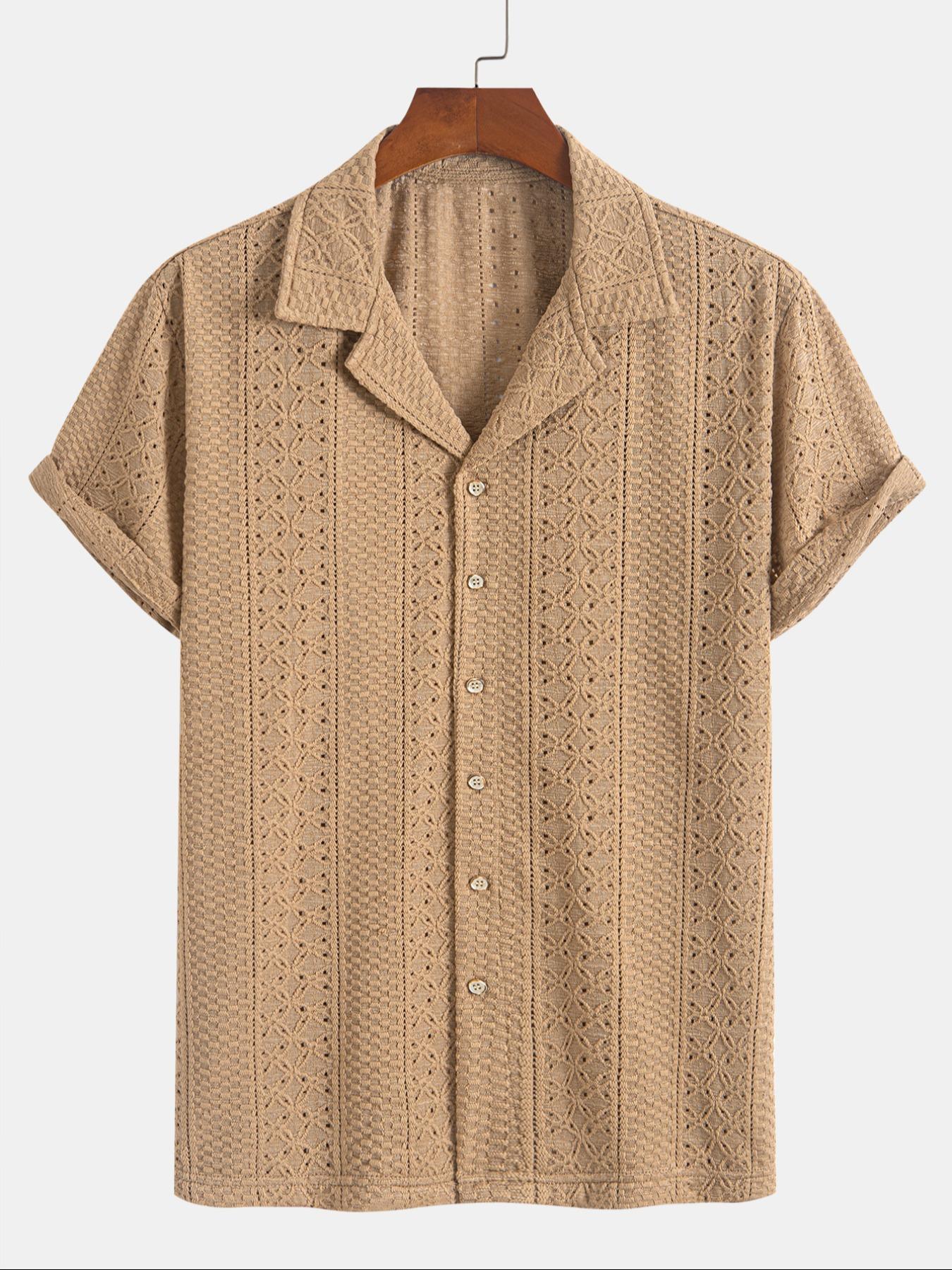 Men's Geometric Jacquard Short Sleeve Casual Party Shirt, Loose Breathable Relaxed Fit Casual Comfy Breathable Top for Summer, Men's Clothes for Daily Wear, Tropical, Casual Stylish Menswear, Knit Shirts