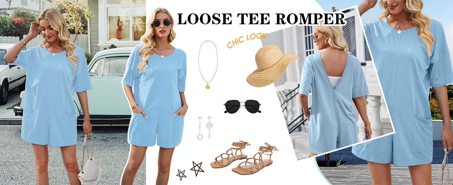 Yeokou Rompers for Women Casual Short Sleeve Oversized Athletic Workout Reversible Hot Shot Tee Romper Deep Pockets