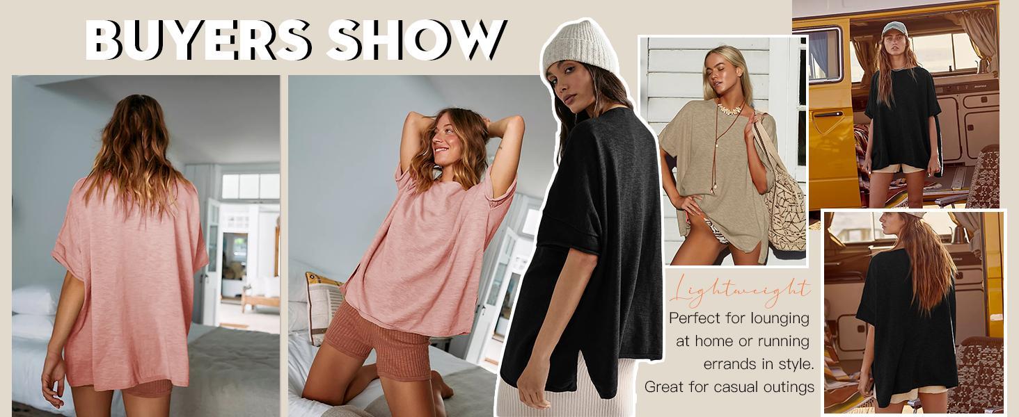 Imily Bela Women's Oversized T Shirts Casual Summer Crew Neck Loose Dropped Short Sleeve Side Slit Hem Blouse Tunic Tops Sweater Tee