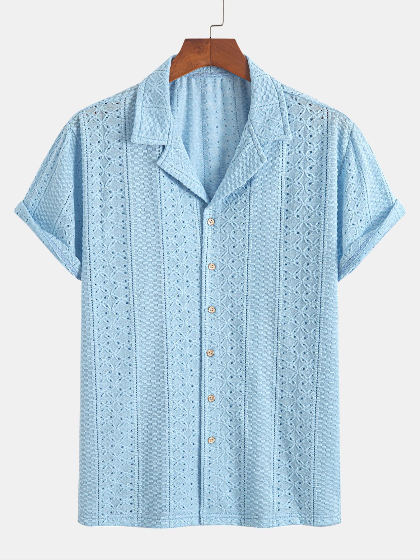 Men's Geometric Jacquard Short Sleeve Casual Party Shirt, Loose Breathable Relaxed Fit Casual Comfy Breathable Top for Summer, Men's Clothes for Daily Wear, Tropical, Casual Stylish Menswear, Knit Shirts