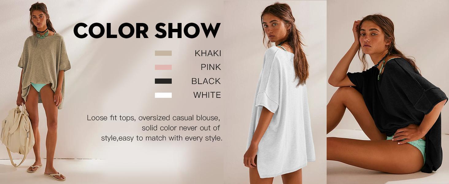 Imily Bela Women's Oversized T Shirts Casual Summer Crew Neck Loose Dropped Short Sleeve Side Slit Hem Blouse Tunic Tops Sweater Tee