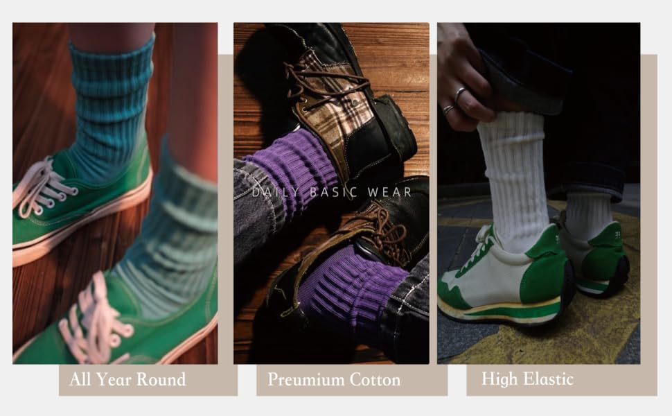 4 Pairs Natural 98% Cotton Crew Socks - Seamless, Breathable, Cozy Fall & Winter Socks for Women & Men
