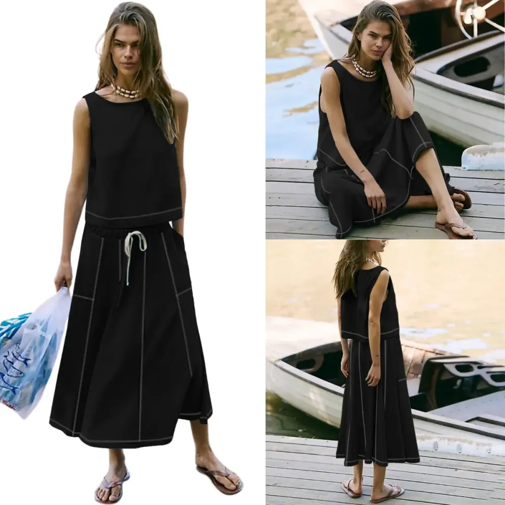 Women's Sleeveless Crop Top Midi Skirt Two Piece Set