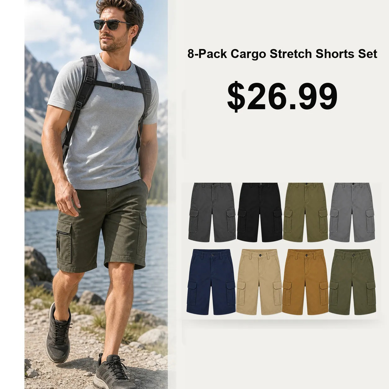 Men's Classic Cargo Stretch Shorts 8-Pack Mixed Color Set - 6-Pocket Utility Shorts