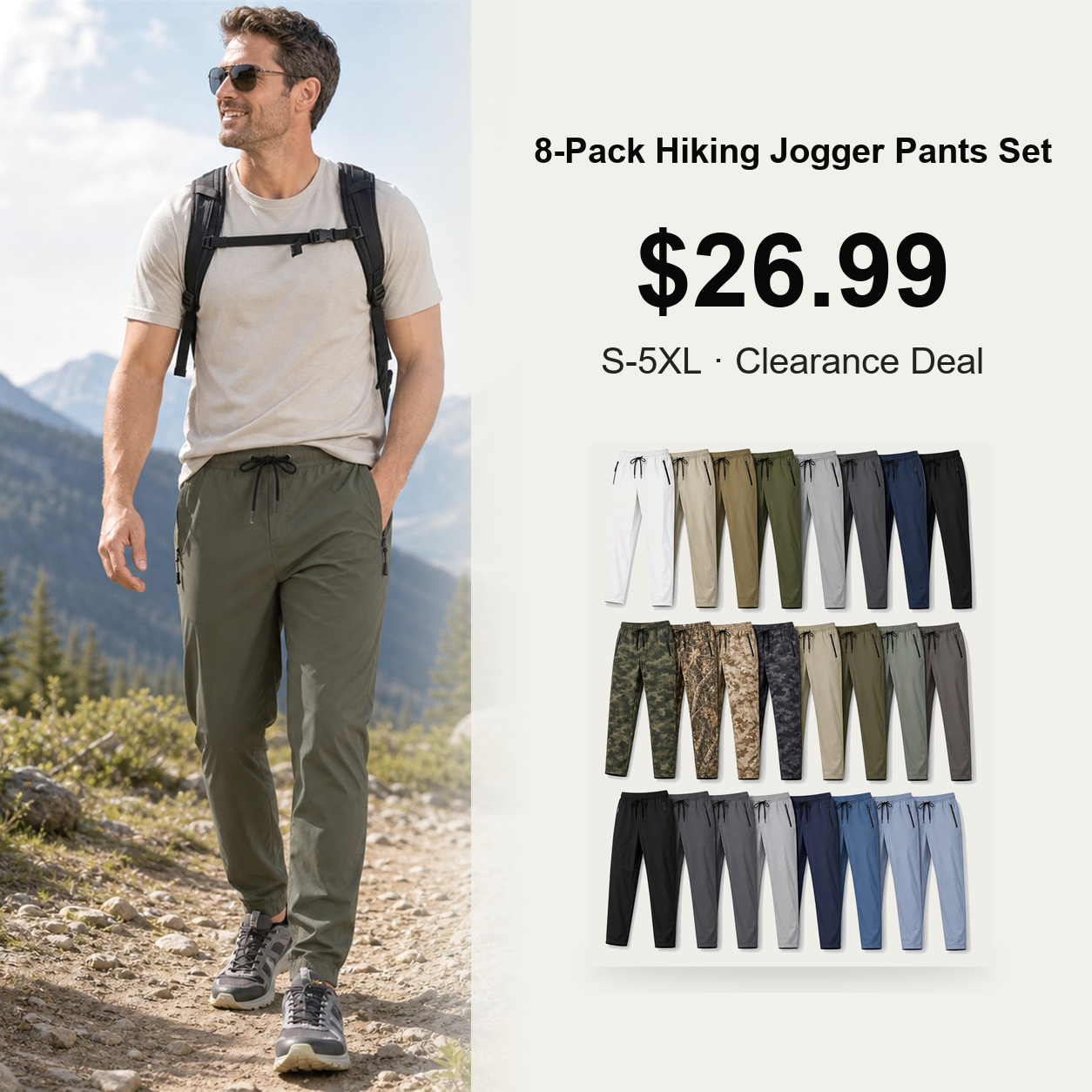 Men's Lightweight Hiking Jogger Pants 8-Pack Mixed Color Set - Quick Dry Elastic Waist Travel Pants cover