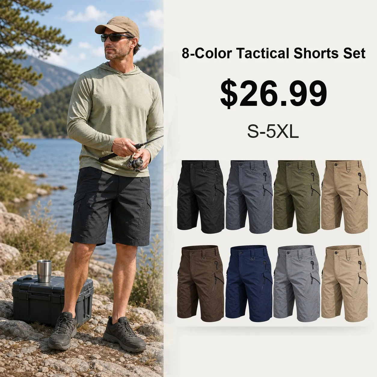 Men's Water-Repellent Hiking Tactical Cargo Shorts 8-Pack All Color Set - Quick Dry Multi-Pocket Work Shorts