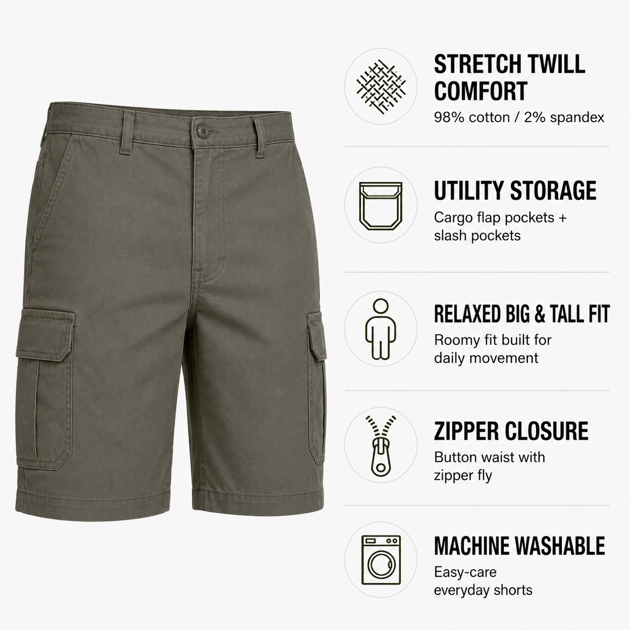 Men's Big & Tall Stretch Twill Cargo Shorts - Single Colors & 7-Pack Mixed Color Set - 9/10 Inch Inseam Utility Shorts
