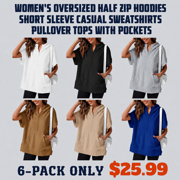 Women's Oversized Half Zip Hoodies Short Sleeve Casual Sweatshirts Pullover Tops with Pockets