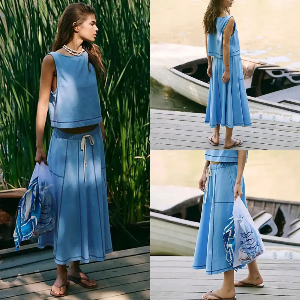 Women's Sleeveless Crop Top Midi Skirt Two Piece Set