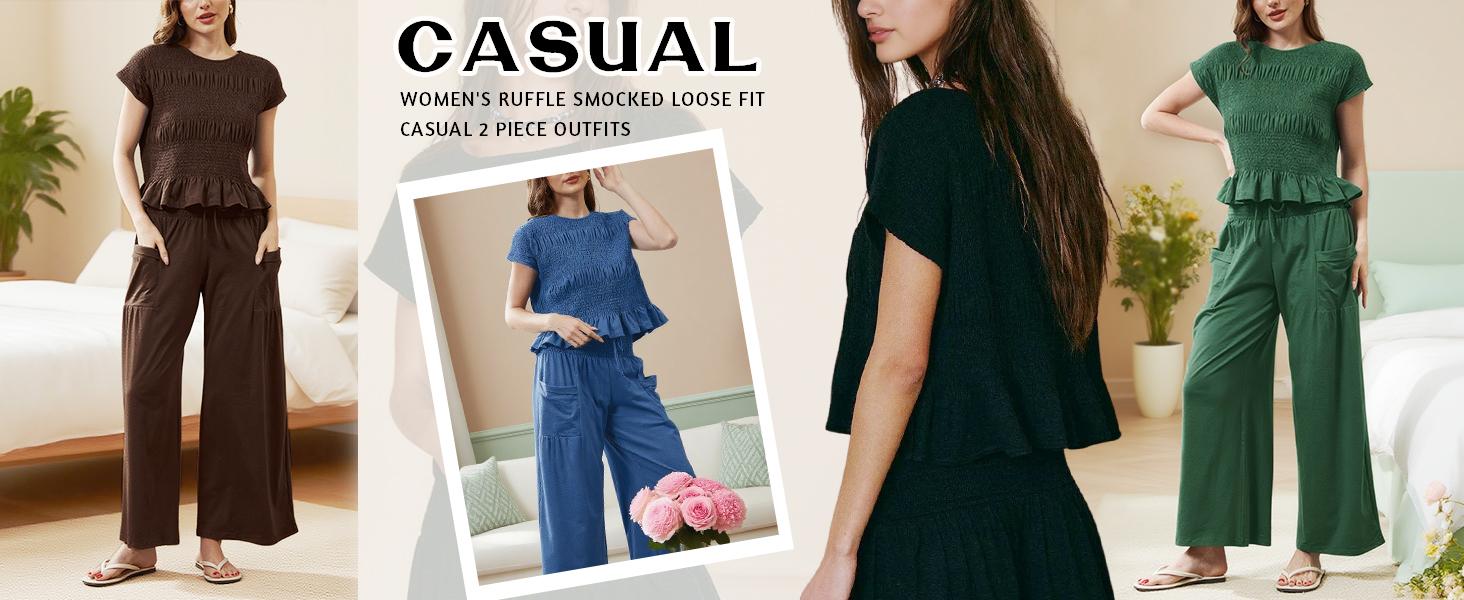 Yeokou Women’s 2-Piece Smocked Top & Wide-Leg Pants Set–High-Waisted Lounge Teacher's Outfit with Pockets Casual Boho Matching Set