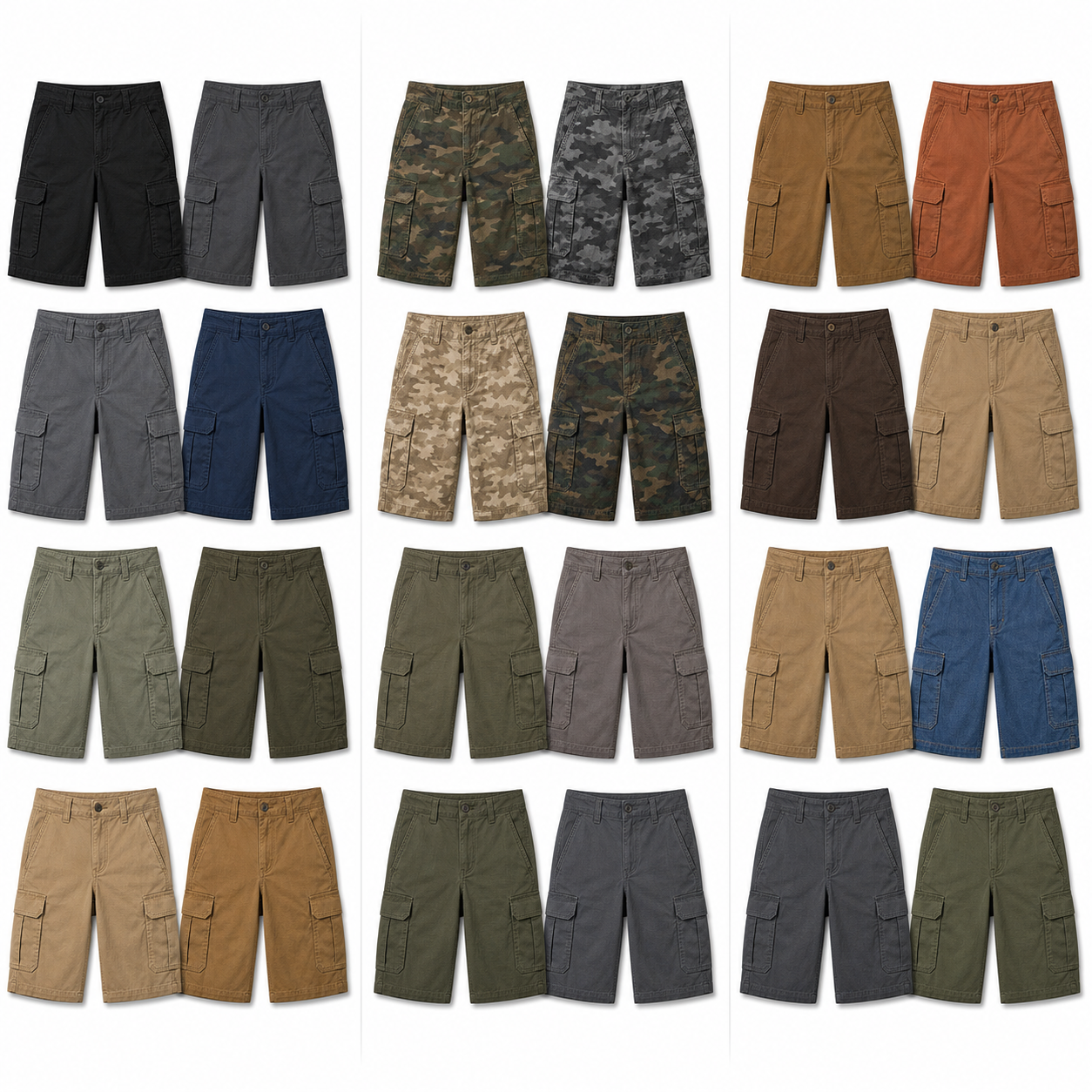 Three 8-pack options of classic cargo stretch shorts