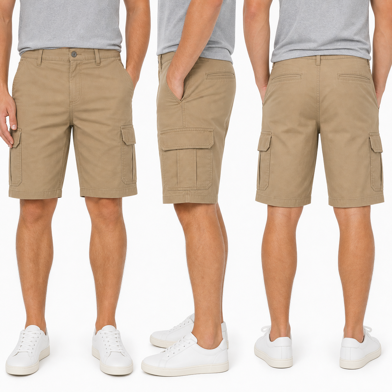 Relaxed fit front side and back view of classic cargo shorts
