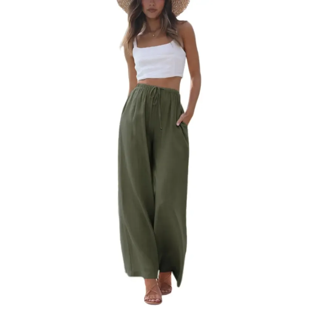 Summer Vibes - Women's Cotton Linen Summer Palazzo Pants Flowy Wide Leg Beach Trousers with Pockets