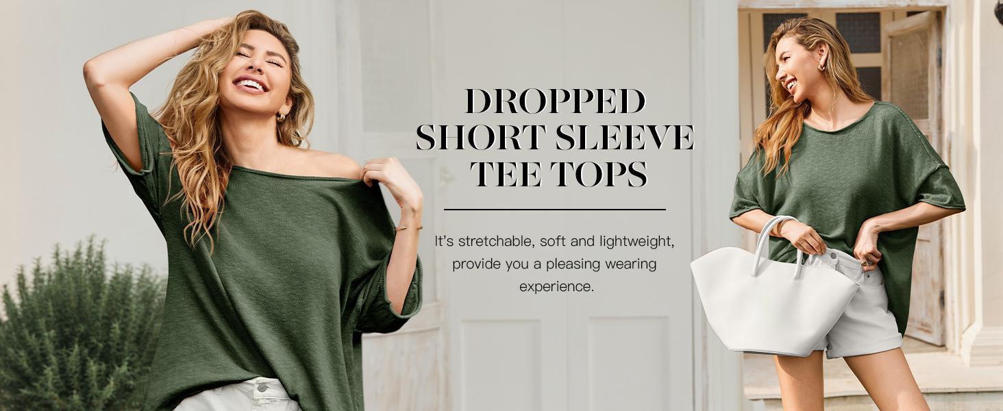 Imily Bela Women's Oversized T Shirts Casual Summer Crew Neck Loose Dropped Short Sleeve Side Slit Hem Blouse Tunic Tops Sweater Tee