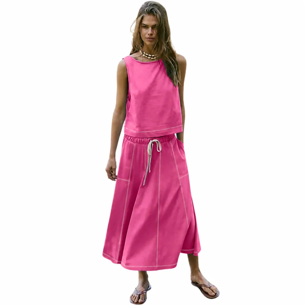 Women's Sleeveless Crop Top Midi Skirt Two Piece Set
